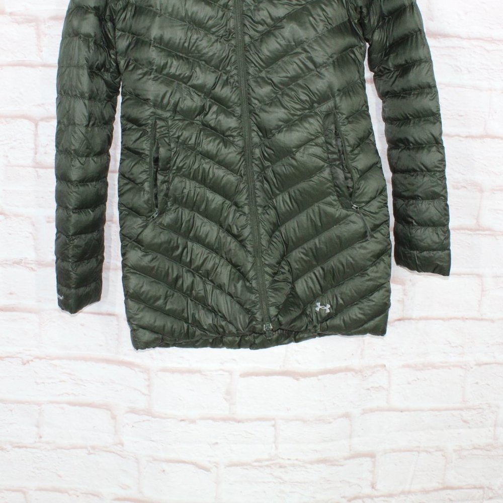 Under Armour Green Polyester Zip ColdGear Hooded Quilted Long Jacket Size M - Picture 3 of 12